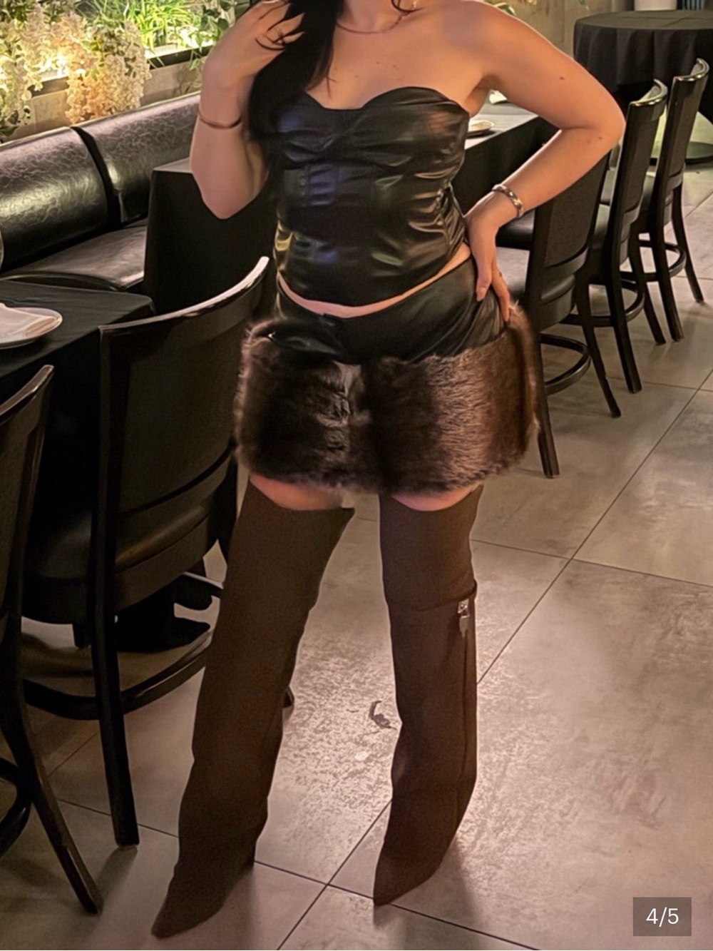Black Faux Leather Corset Bustier Top with Brown Faux Fur Mini Skirt SET